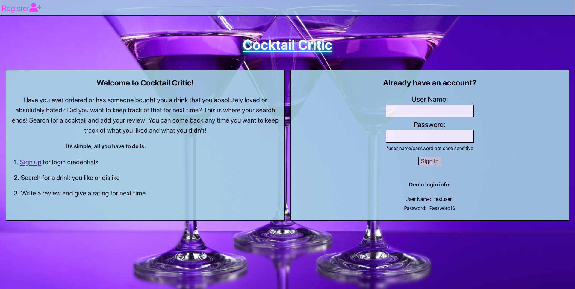cocktail landing page